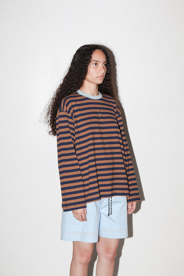 KkCo Striped Box Tee in Bark & Navy Stripe