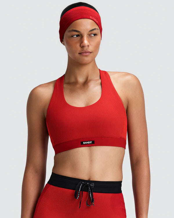 Women's Striped Cadence™ Scoop Neck T-Back Run Bra - Oxide Red / Signal Red