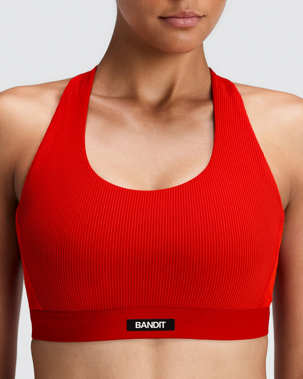Women's Striped Cadence™ Scoop Neck T-Back Run Bra - Oxide Red / Signal Red